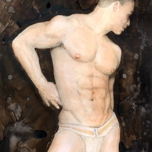 May include: A watercolor painting of a muscular figure wearing white jockstrap underwear with a blue stripe. The figure is standing with their back to the viewer and their head turned to the side. The background is a dark brown with splotches of lighter brown.
