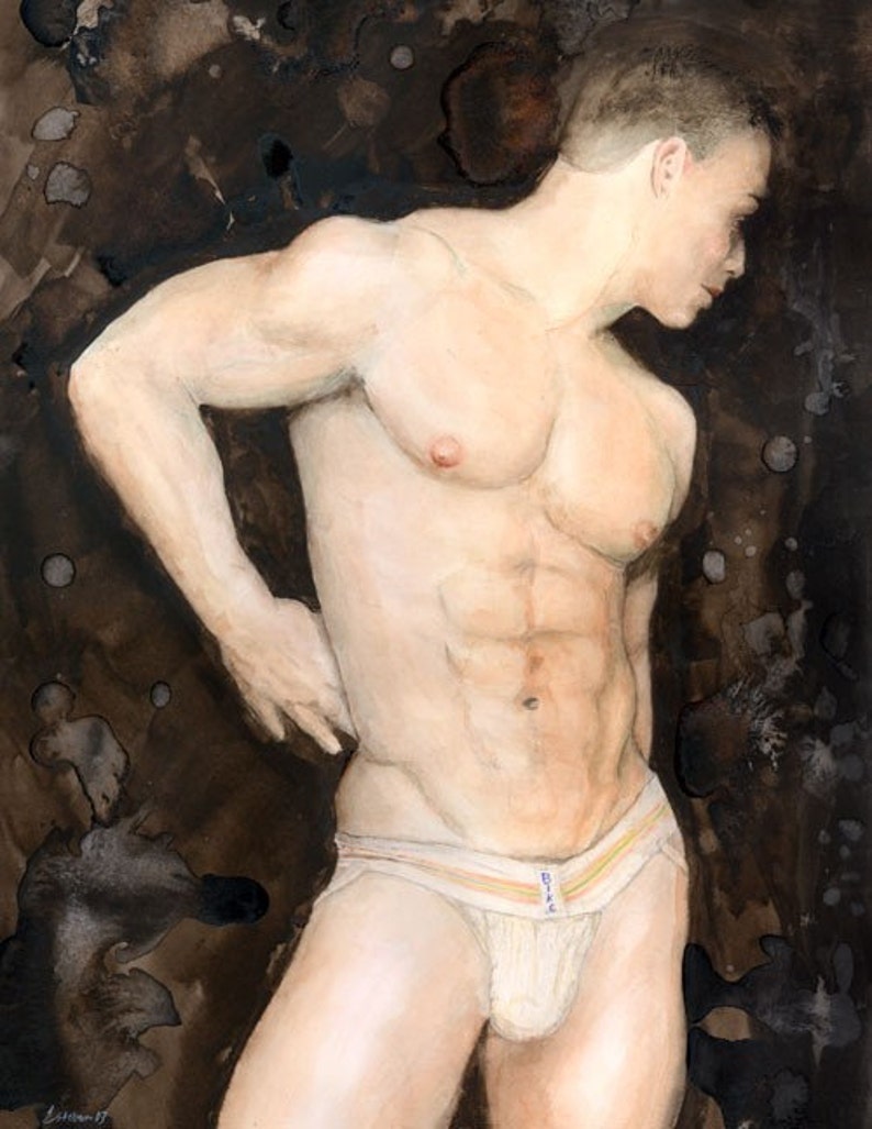 May include: A watercolor painting of a muscular figure wearing white jockstrap underwear with a blue stripe. The figure is standing with their back to the viewer and their head turned to the side. The background is a dark brown with splotches of lighter brown.