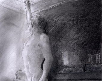 GET THE LIGHT...Nude Male, drawing, by the Artist Esteban 12 X 19 graphite, ltd print