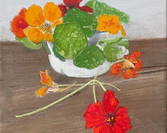 Nasturtiums in A White Bowl. Original oil painting signed 9 x 12
