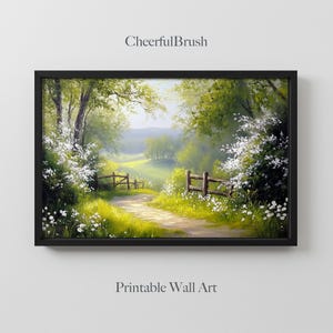 Arte mural con un tranquilo sendero rural, pintura de paisaje primaveral floreciente, impresión de sendero natural rústico, decoración del hogar con un campo floral sereno