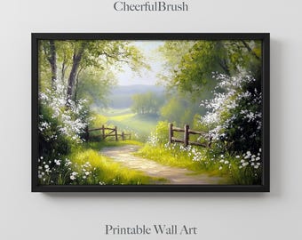 Friedliche Landschaftspfad-Wandkunst, blühende Frühlingslandschaftsmalerei, rustikaler Naturspurdruck, ruhige Blumenfeld-Inneneinrichtung