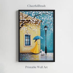 以下が含まれることがあります： 青い傘の下、黄色のドレスを着た女性が白い犬を散歩させている絵画。女性は花が咲いた木が並ぶ道を歩いている。背景は青と黄色の建物である。