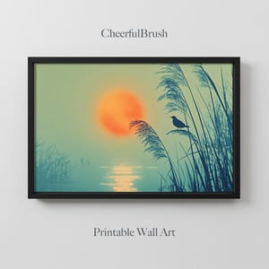 Vogel-Sonnenuntergang-Wand-Kunstdruck, friedlicher See-Gras-Landschaftsmalerei, ruhige Silhouette-Natur-Kunstmalerei, ruhige Himmel-Hauswand-Dekor