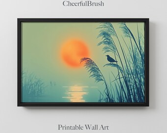 Vogel-Sonnenuntergang-Wand-Kunstdruck, friedlicher See-Gras-Landschaftsmalerei, ruhige Silhouette-Natur-Kunstmalerei, ruhige Himmel-Hauswand-Dekor
