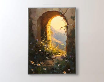 Digitale Wand Kunst zum Ausdrucken, bröckelnder Stein Torbogen mit Wildblumen, rustikale Landschaft, sonnendurchflutete Tür, Instant Download