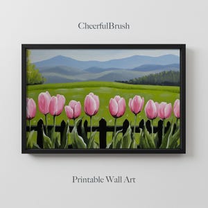 Pink Tulips Field Landscape Wall Art, Spring Flower Garden Painting, Colorful Floral Nature Print, Mountain View Countryside Decor