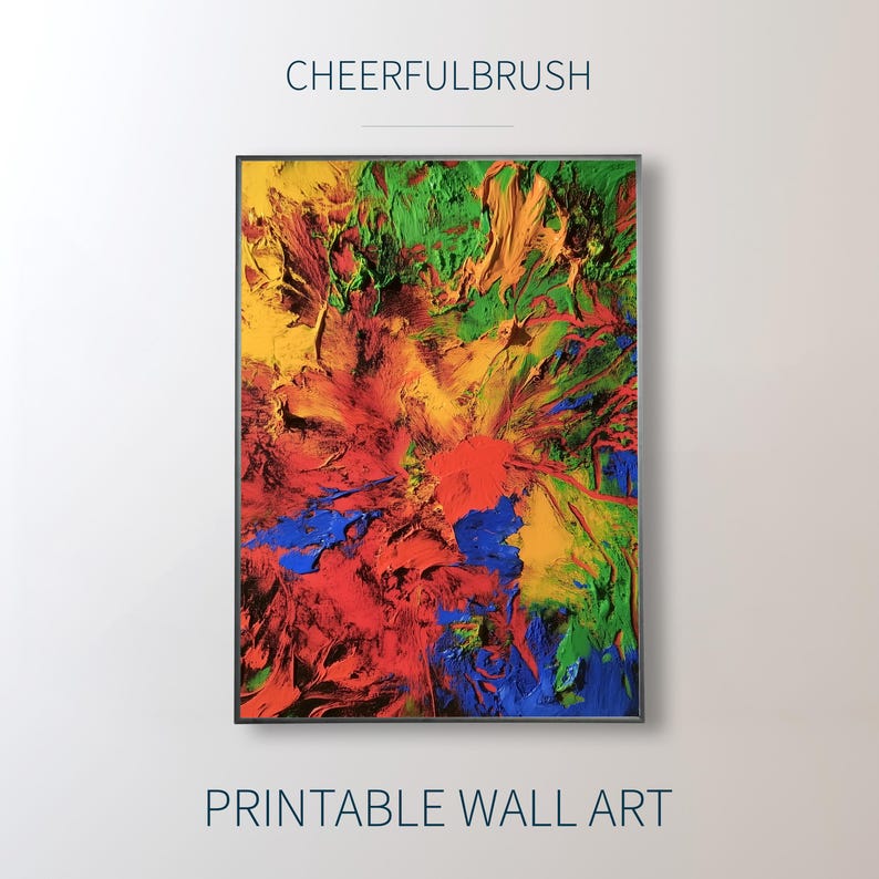 This digital artwork bursts with bold energy and raw emotion, blending rich textures and an explosion of colors — fiery reds, electric blues, vivid greens, and radiant yellows dance across the canvas in a captivating symphony. The thick, expressive brushstrokes and layered impasto effect create a tactile, almost three-dimensional surface, making the colors feel alive and in constant motion.