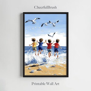 Pintura de playa alegre, niños juguetones, orilla del mar de verano, olas salpicando, arte costero nostálgico, recuerdo vibrante de la infancia, impresión de pared costera