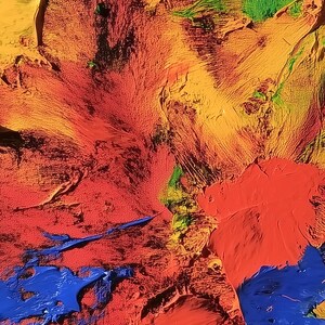 K&ouml;nnte beinhalten: Abstraktes Gem&auml;lde mit kr&auml;ftigen Strichen in Rot, Orange, Gelb und Blau. Die Farben sind leuchtend und erzeugen eine dynamische Komposition.