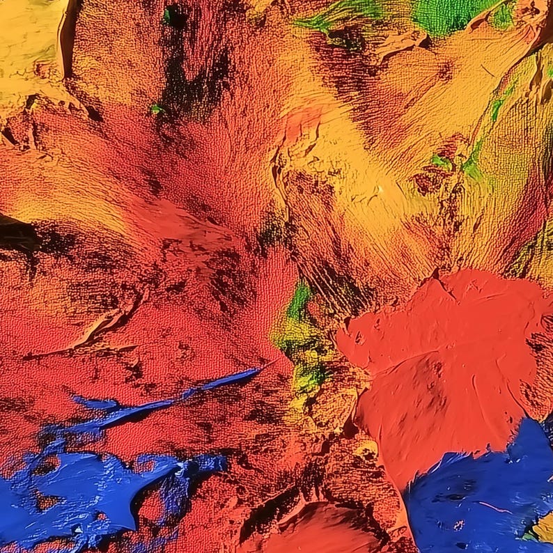 K&ouml;nnte beinhalten: Abstraktes Gem&auml;lde mit kr&auml;ftigen Strichen in Rot, Orange, Gelb und Blau. Die Farben sind leuchtend und erzeugen eine dynamische Komposition.
