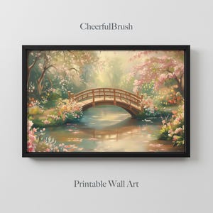 Romantic Garden Bridge Wall Art, Flowering Spring Landscape Painting, Peaceful Water Reflection Print, Whimsical Floral Nature Decor