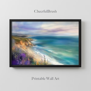 Coastal Landscape Digital Print Ocean Cliff Painting Tranquil Nature Wall Art Beach Scene Printable Wildflowers Seaside Decor Download