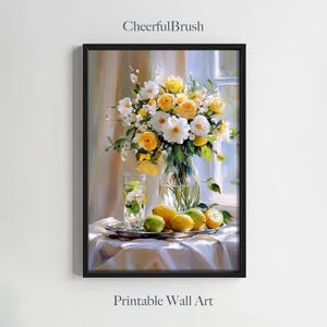 Lemon Floral Still Life Digital Print Kitchen Wall Art Printable Citrus Vase Painting Yellow Decor Summer Fruit Artwork Instant Download