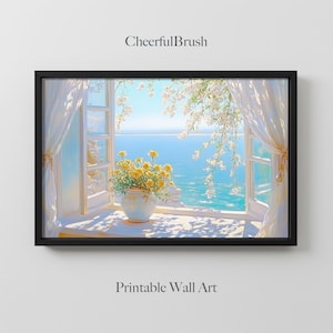 Arte de pared con vista al mar desde una ventana abierta, cuadro con jarrón de flores costeras, impresión de brisa marina de verano, decoración romántica mediterránea para el hogar.
