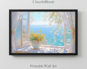 Offenes Fenster-Meerblick-Wandkunst, Küstenblumenvasen-Malerei, heller Sommer-Brise-Druck, romantische mediterrane Wohndekoration