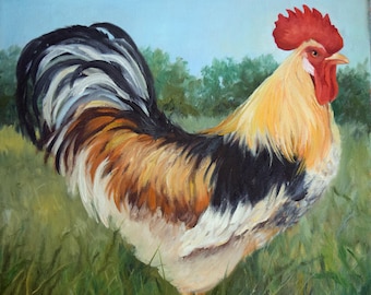 White Black Gold Rooster Painting,Kitchen Wall Art,Original Canvas Oil Painting by Cheri Wollenberg