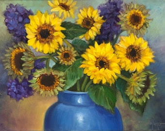 Sunflowers And Lilacs, 12x16 Original Canvas Oil Painting by Cheri Wollenberg