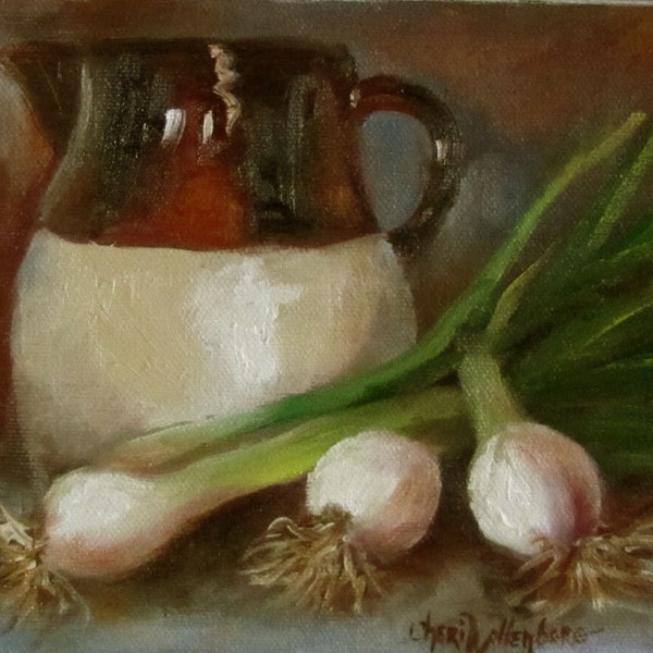 Small 6x8 Canvas Oil Painting Kitchen Art Crock Pitcher And Onions by Cheri Wollenberg