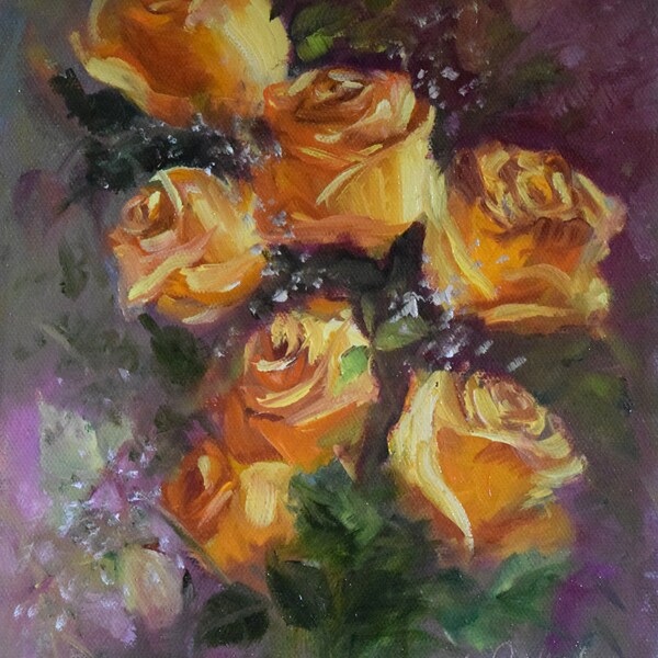 Still Life Oil Painting Peach Roses Pink Background 9x12 Canvas Art by Cheri Wollenberg