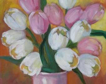 Pink And White Tulip Still Life Painting,Original Oil on Canvas by Cheri Wollenberg