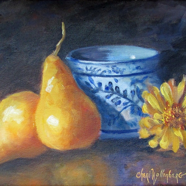 Small 8x10 Original Oil Painting Golden Pears Blue Willow Vase Gold Zinnia Kitchen Painting by Cheri Wollenberg