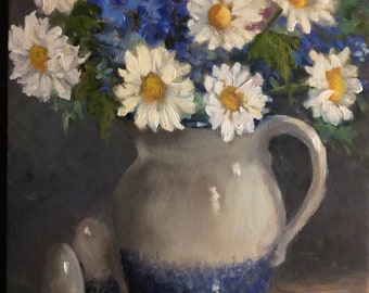 White Daisies Blue Willow Salt Shakers And Pitcher, Floral Still Life Paintings, 9x12 Oil Painting On Canvas, Original by Cheri Wollenberg