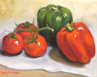 Green and Red Bell Peppers And Red Tomatoes, Kitchen Wall Art, Canvas Cooking Decor, Original Oil Painting by Cheri Wollenberg
