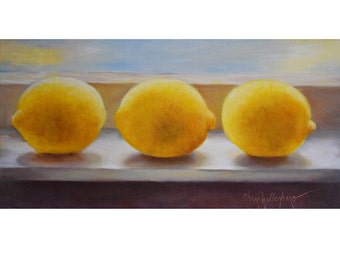 Three Yellow Lemons Kitchen Still Life, 10x20 Canvas Art, Original by Cheri Wollenberg