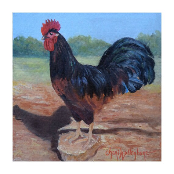 Rooster Painting Iired and Black Rooster Wall Artoriginal Etsy