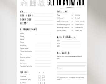 Employee favorites list, team building get to know me questionnaire printable, get to know you, employee favorite things survey
