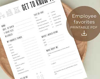 Getting to know you, team building get to know me questionnaire printable, employee favorites list, employee favorite things survey