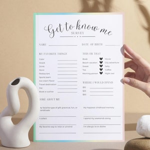 Get to know you questionnaire, all about me printable, favorite things list, team building get to know me questionnaire printable