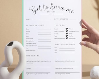 Get to know you questionnaire, all about me printable, favorite things list, team building get to know me questionnaire printable