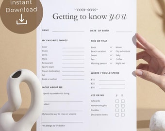 Get to know me questionnaire, all about me printable, favorite things list, team building get to know me questionnaire printable