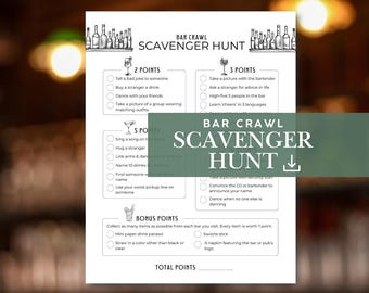 Bar scavenger hunt, pub crawl games, Bar crawl scavenger hunt printable, birthday bar crawl, ladies night games, bar crawl printable