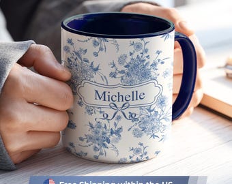Personalized Blue Toile de Jouy Mug, Custom Name Mug, Navy Floral Mug, French Country Mug, Vintage Coffee Mug, Gift for Her, 11oz 15oz