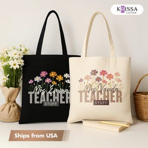 Personalized Teacher Tote Bag: Floral Design, Custom Name, Teacher Appreciation Gift