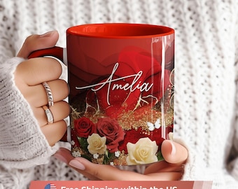 Personalized Red Rose Mable Mug and Coaster Set, Elegant Floral Gift, Luxury Ceramic Coffee Cup, Valentine Gifts Her