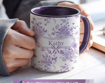 Personalized Purple Toile de Jouy Mug, Custom Name Mug, Purple Floral Coffee Mug, Vintage French Mug, Aesthetic Gift for Her, 11oz 15oz