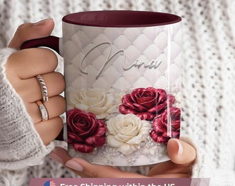 Personalized Burgundy Rose Mug, Luxury 3D Floral Coffee Mug, Custom Name Ceramic Cup, Gift for Mom Teacher Friend, Ceramic Mug