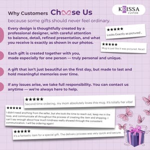 May include: A light purple informational graphic with a grid pattern featuring the text Why Customers Choose Us, Krissa Custom logo, and five-star customer reviews. The design includes pink butterfly illustrations and a purple gift box with a ribbon.