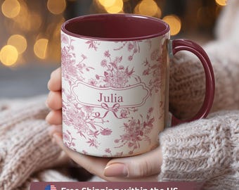 Personalized Burgundy Toile de Jouy Mug, Custom Name Mug, Navy Floral Mug, French Country Mug, Vintage Coffee Mug, Gift for Her, 11oz 15oz