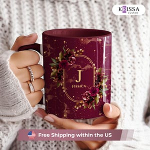Personalized Burgundy Floral Mug, Gold Marble Initial, Luxury Gold Glitter Marble Gift