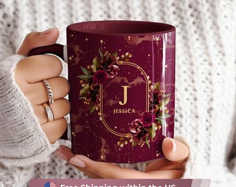 Personalized Burgundy Floral Mug, Gold Marble Initial, Luxury Gold Glitter Marble Gift