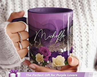 Personalized Purple Rose Mable Coffee Mug, Elegant Floral Glitter Accent, Luxury Ceramic Coffee Cup, Valentine Gifts Women