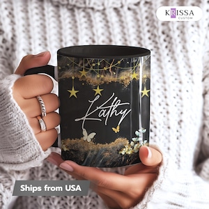 Personalized Black Marble Coffee Mug, Custom Name, Gothic Decor
