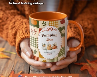 Fall Mug, Pumpkin Spice Coffee Cup, Autumn Patchwork Mug, Cozy Thanksgiving Gift, Cute Pumpkin Coffee Mug, Fall Gift for Her