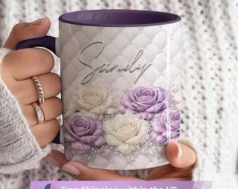 Personalized Luxury Floral Mug Gift for Her, 3D Name Mug with Purple & Cream Roses, Elegant Custom Coffee Cup, Gift for Mom, Friend, Teacher