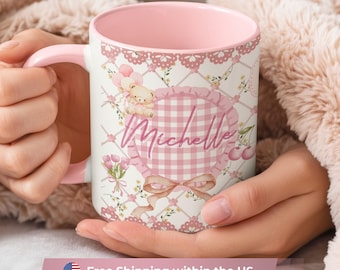 Personalized Pink Vintage Mug, Custom Name Cute Girly Mug, Aesthetic Coquette Mug, Gift for Her, Birthday Gift for Women, Pink Coffee Mug